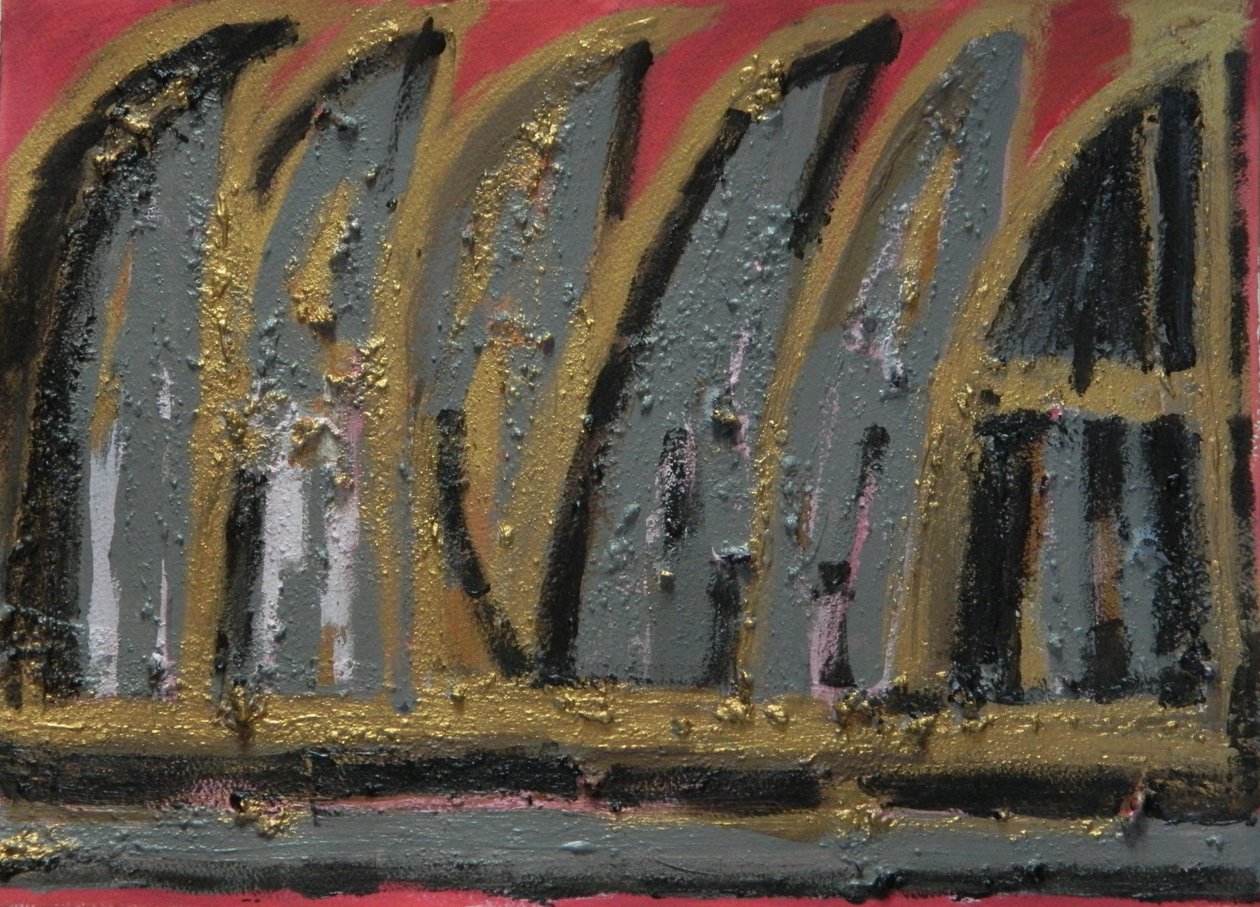 Burning House, 2013 (gouache, træaske og bladguld på papir) af Janet McKenzie