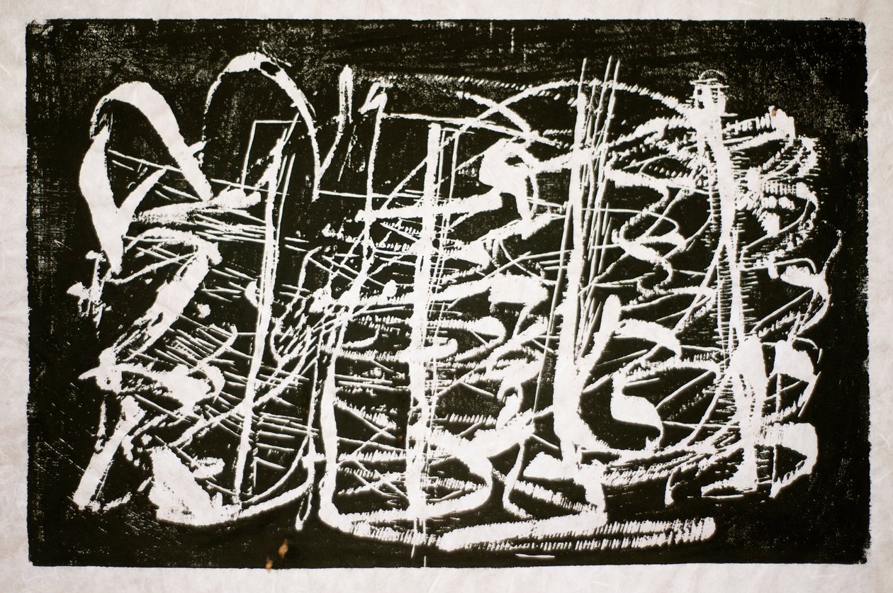 Tidens musik, 2014 (motorsav træsnit på rispapir) af Janet McKenzie