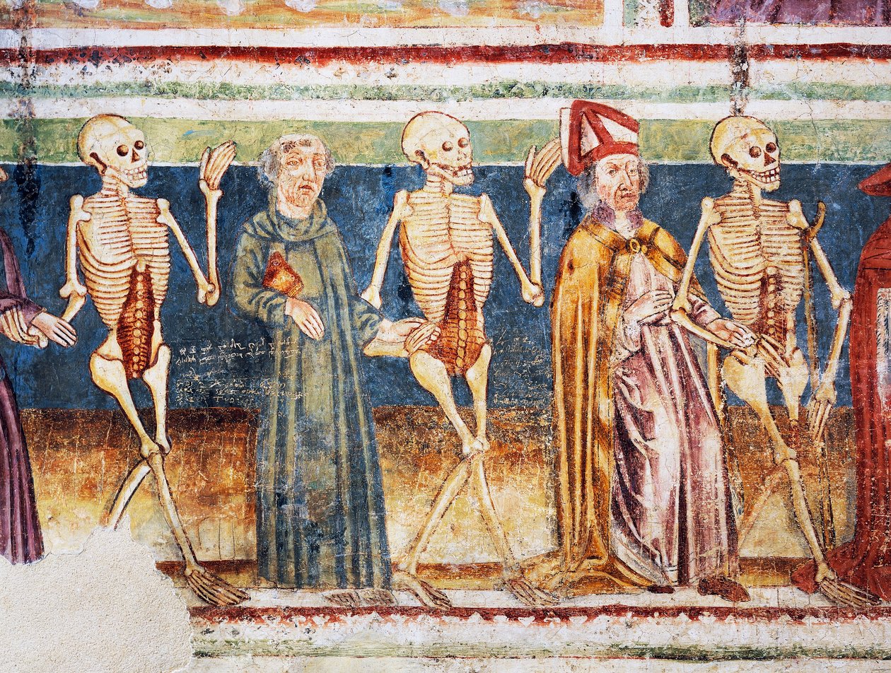 Hrastovlje befæstede kirke, Treenighedskirken, Døden, der ledsager biskop og munk, Dødedansen (1490), detaljer fra fresker af Janez Iz Kastva, Slovenien af Janez Kastav