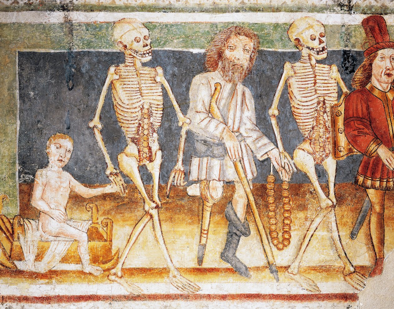 Hrastovlje befæstede kirke, Treenighedskirken, Døden, der ledsager barn og fattige, Dødedansen (1490), detaljer fra fresker af Janez Iz Kastva (1490), Slovenien af Janez Kastav