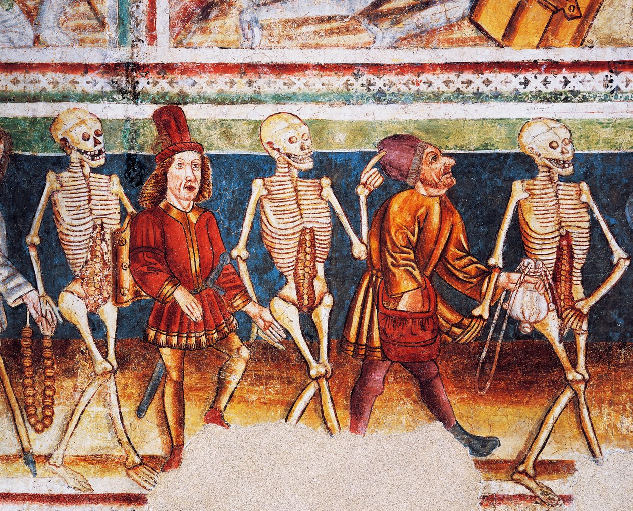 Hrastovlje befæstede kirke, Treenighedskirken, Døden, der ledsager købmand og velhavende bankmand, Dødedansen (1490), detaljer fra fresker af Janez Iz Kastva, Slovenien af Janez Kastav