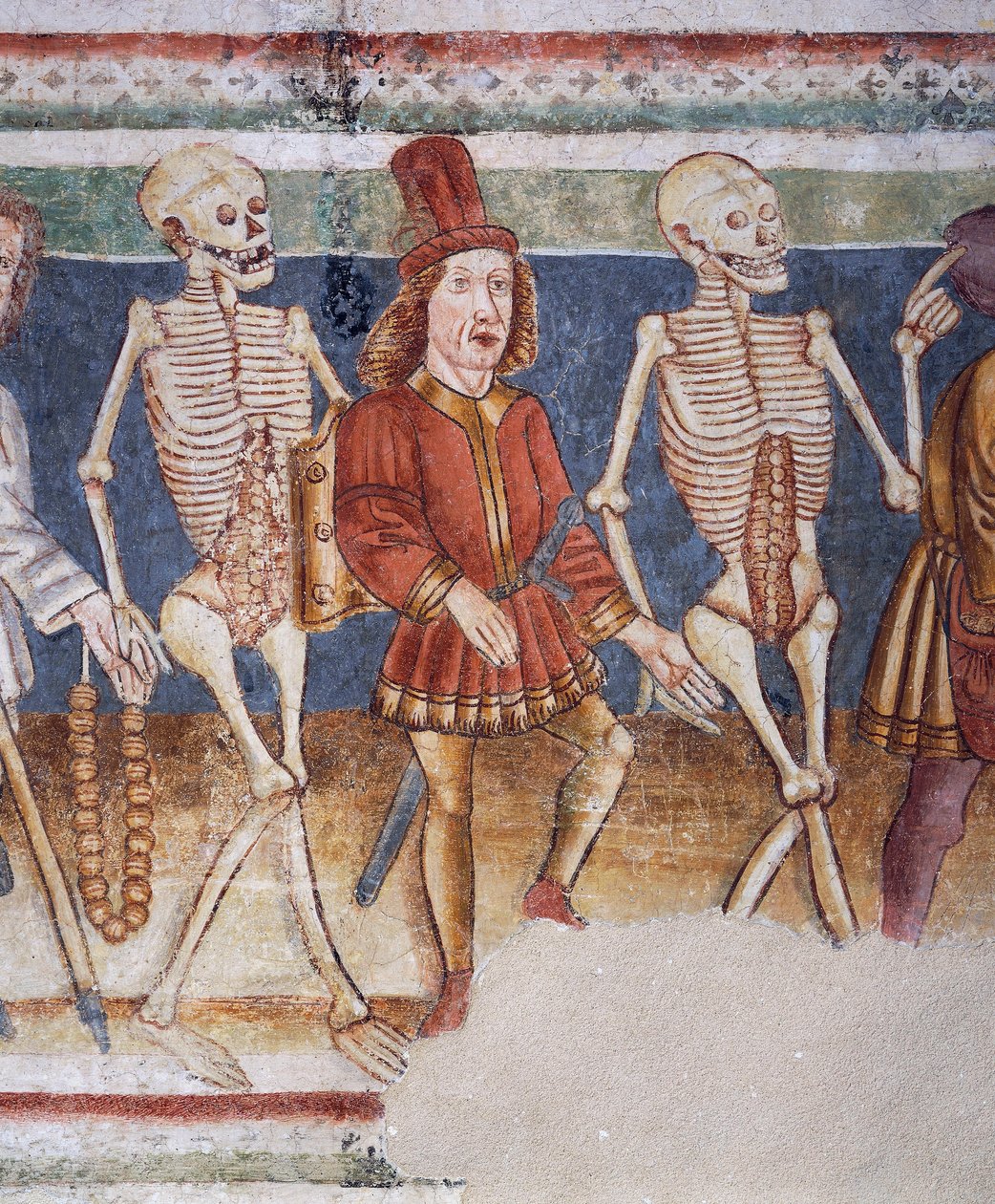 Hrastovlje befæstede kirke, Treenighedskirken, Døden, der ledsager købmand og velhavende bankmand, Dødedansen (1490), detaljer fra fresker af Janez Iz Kastva, Slovenien af Janez Kastav