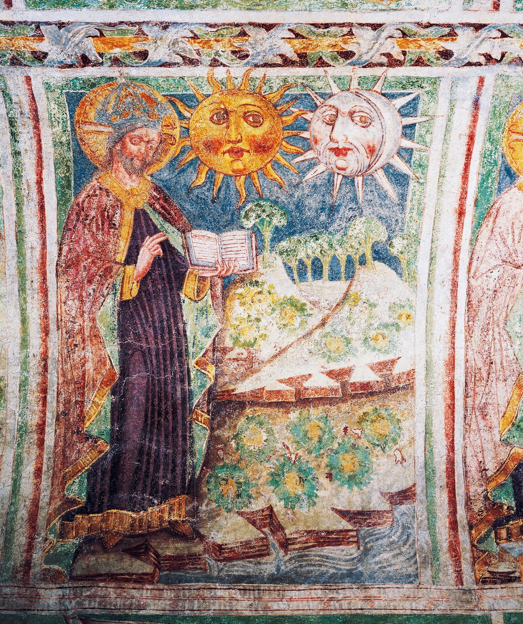 Hrastovlje befæstede kirke, Treenighedskirken, Genesis, Gud skaber sol, måne og stjerner (1490), detaljer fra fresker af Janez Iz Kastva, Slovenien af Janez Kastav