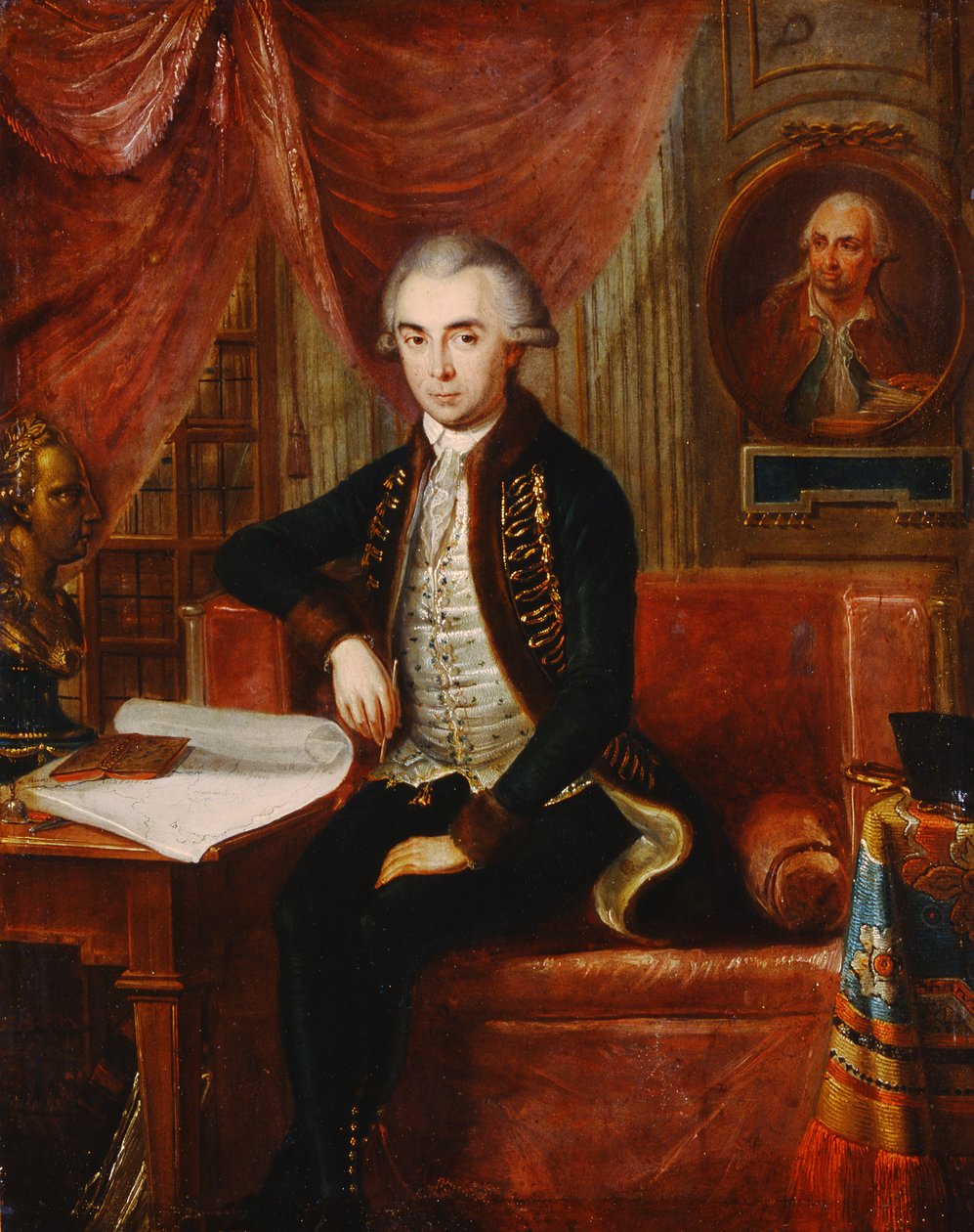 Portræt af Samuel Teleki med et ovalt portræt af Samuel Bruchental i baggrunden af Janos Marton Stock