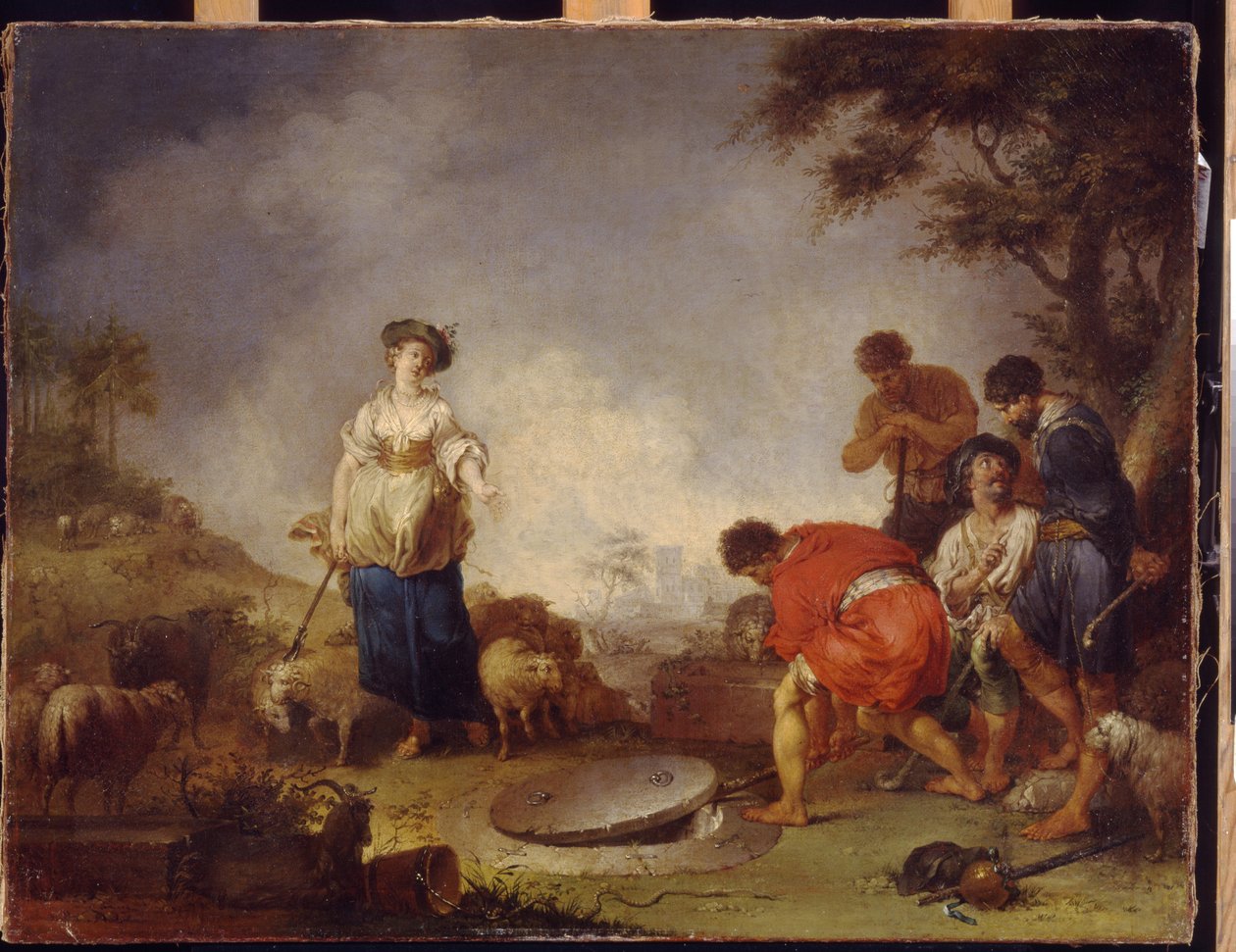 Jacob møder Rachel ved brønden. Maleri af Johann Rosso Jauarius Zick (1730-1797), olie på lærred af Januarius Zick