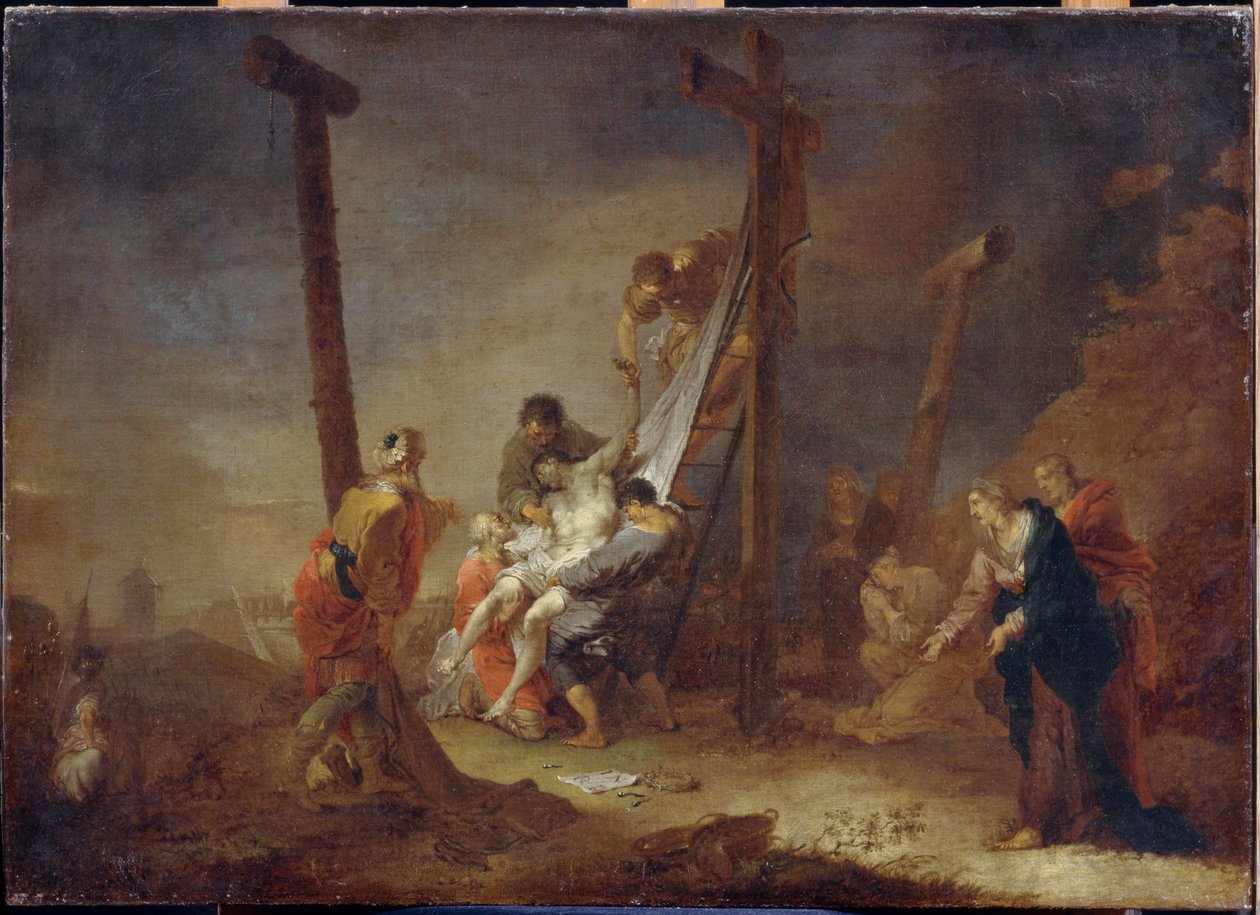 Nedstigningen fra korset. I bunden af ​​korset, symboler på Jesu Kristi lidenskab: søm, tornekrone og inskriptionen INRI (I.N.R.I). Maleri af Johann Rosso Januarius Zick (1730-1797), olie på lærred. tysk kunst af Januarius Zick