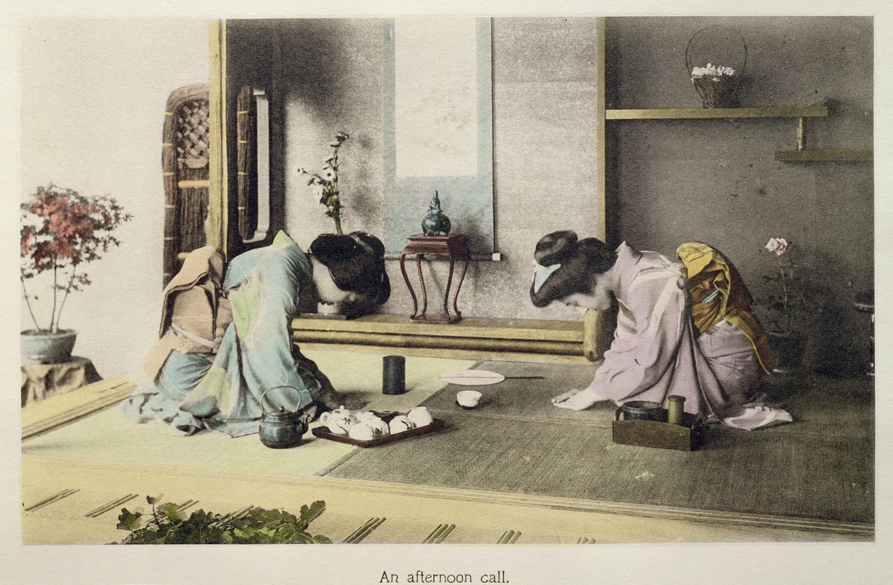 An Afternoon Call, ca. 1880 (håndfarvet albumintryk på kort) af Japanese Photographer