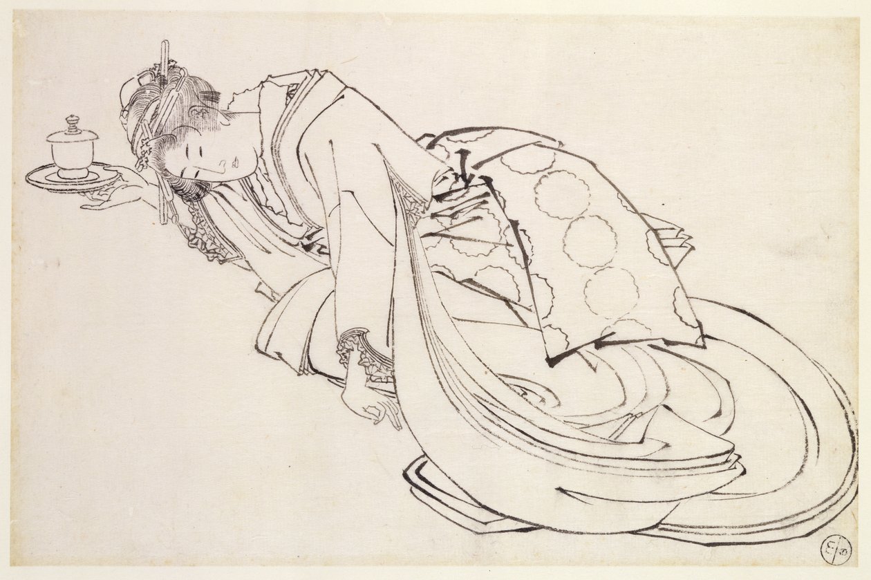 En kurtisane, der tilbyder en kop, 1700-1900-tallet af Japanese School