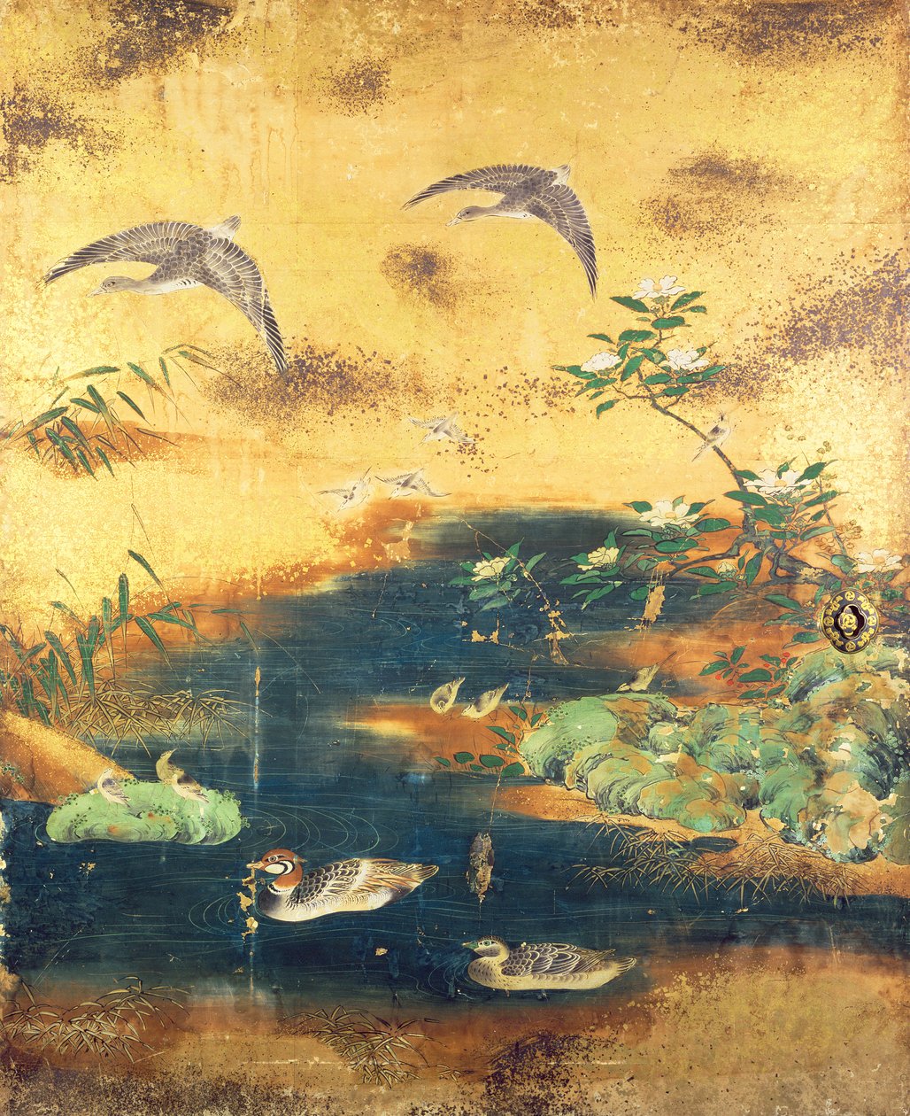 Skydedørspanel til fugle og blomster (blæk, farver, guld og sølv på papir) af Japanese School