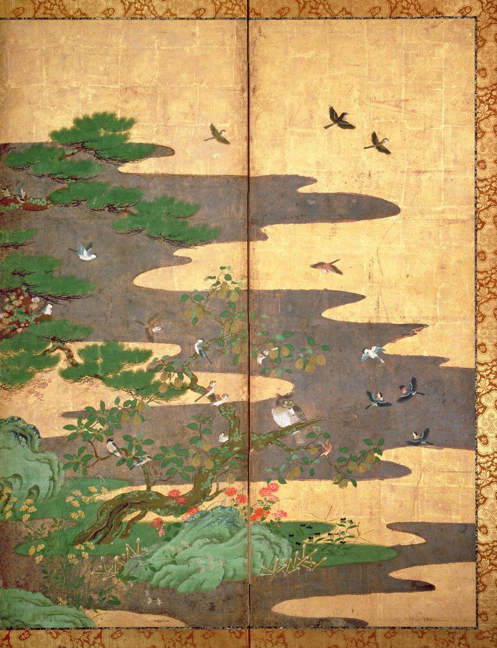 Fugle med efterårs- og vinterblomster (pen og blæk, farve og guldpapir på panel) (se 216542, 216543, 216544) af Japanese School