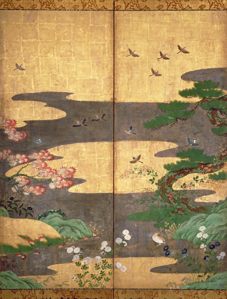Fugle med efterårs- og vinterblomster (pen og blæk, farve og guldpapir på panel) (se 216542, 216543, 216545) af Japanese School
