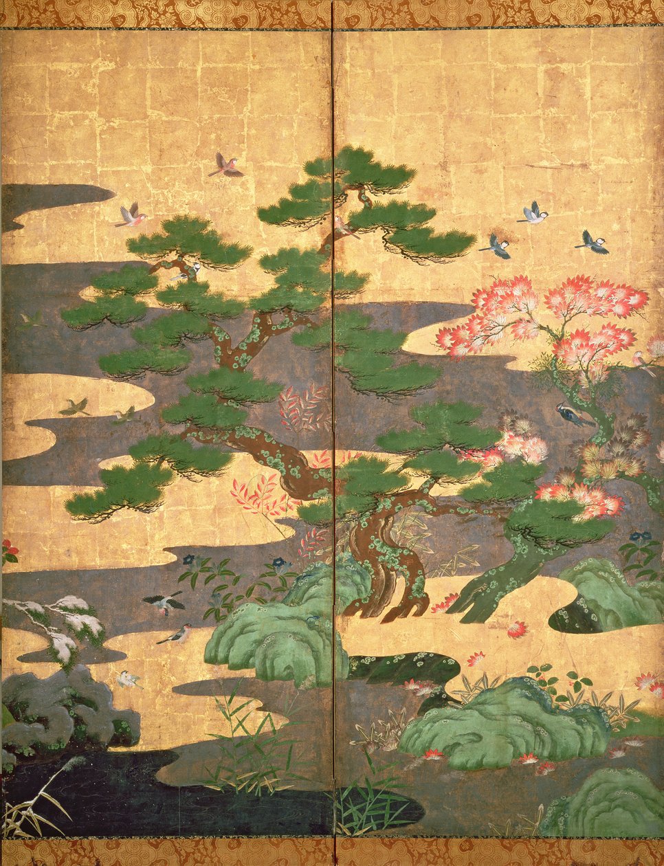 Fugle med efterårs- og vinterblomster (pen og blæk, farve og guldpapir på panel) (se 216542, 216544, 216545) af Japanese School