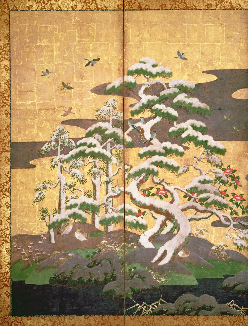 Fugle med efterårs- og vinterblomster (pen og blæk, farve og guldpapir på panel) (se 216543, 216544, 216545) af Japanese School
