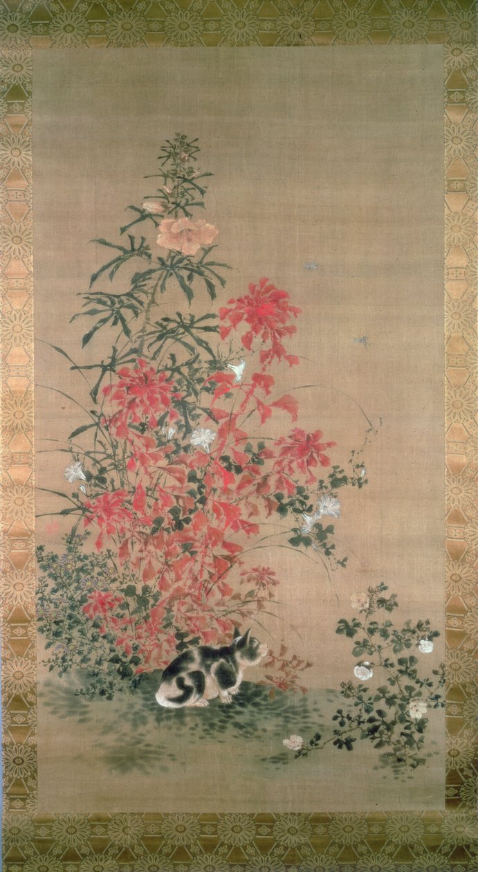 Kat blandt blomster (blæk og farver på silke) af Japanese School
