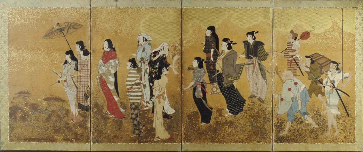 Cherry Blossom Viewing Picnic, ca. 1624-44 (firefoldet skærm, blæk, farve og bladguld på papir) af Japanese School