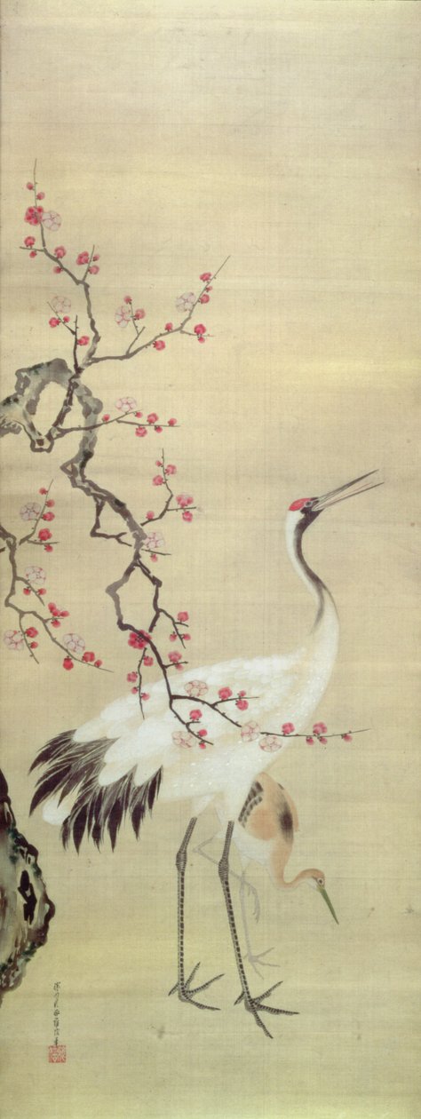 Crane and Blossom, ca. 1850-80 (blæk og farve på silke) af Japanese School