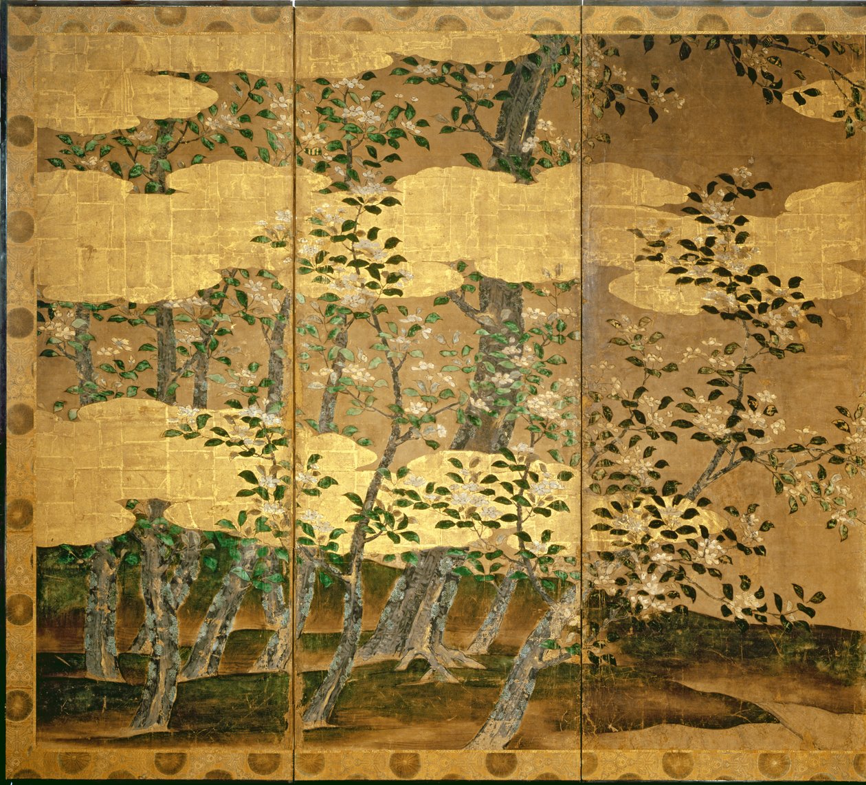 Blomster af kameliaer (pen og blæk, farve, guldpapir på panel) (se 216566) af Japanese School