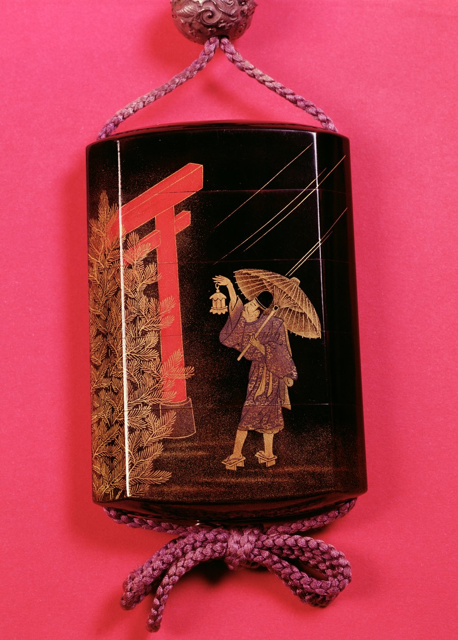 Fire sager, der forestiller en mand, der huserer under en parasol (togidashi) af Japanese School