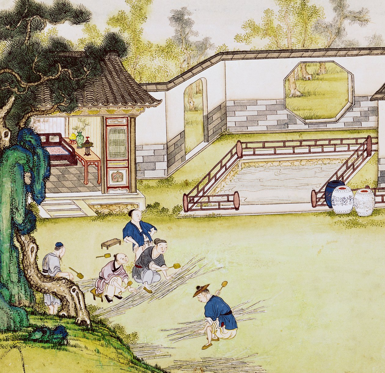Samler bambus for at lave papir af Japanese School