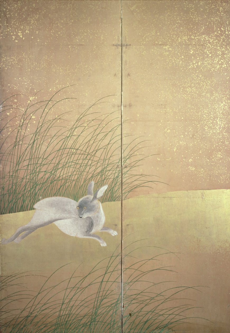 Harer og efterårsgræsser, ca. 1700 (blæk, farve og guld på papir) af Japanese School