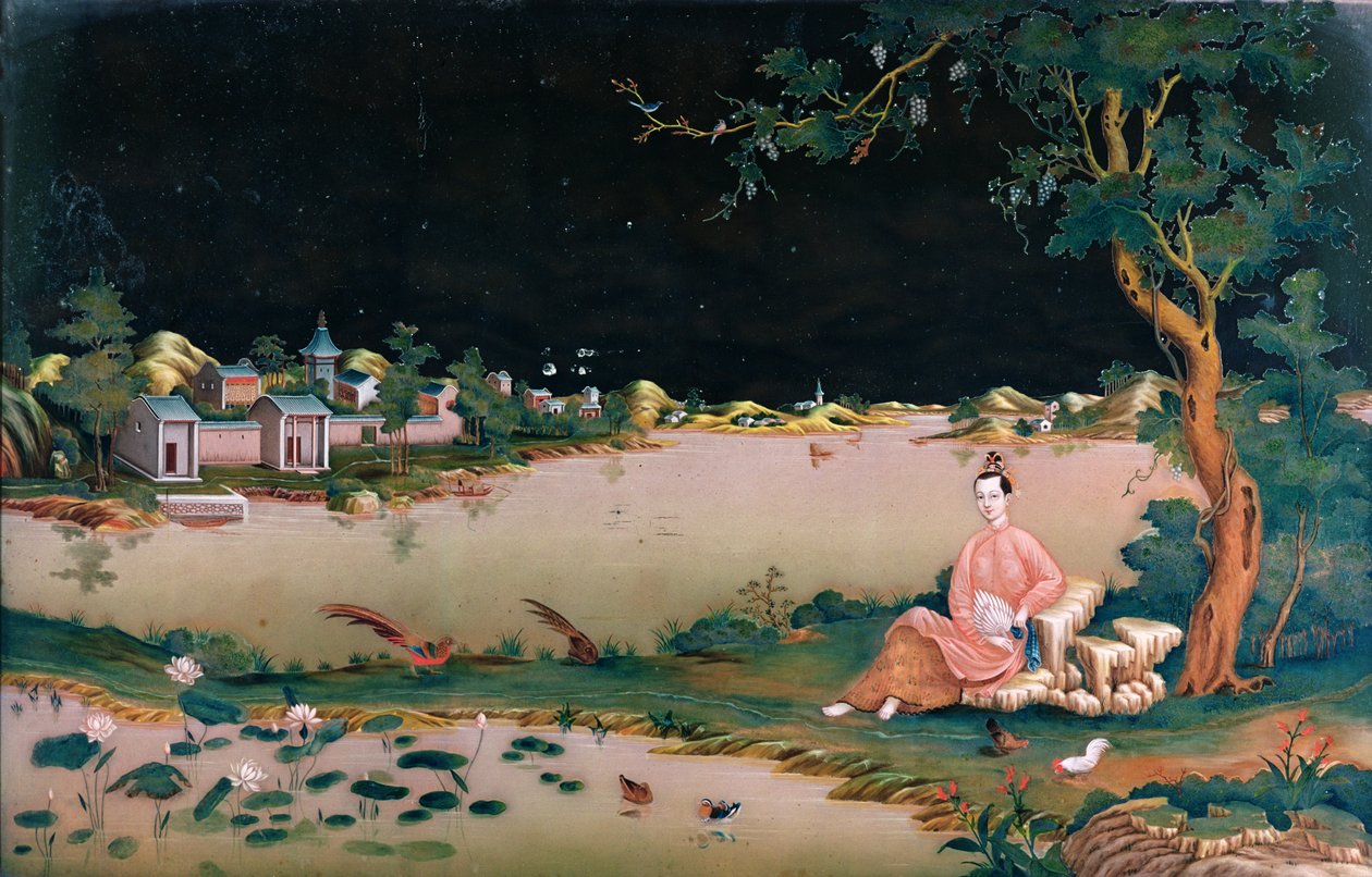 Japansk spejlmaleri, der viser en siddende pige, ca. 1800 af Japanese School