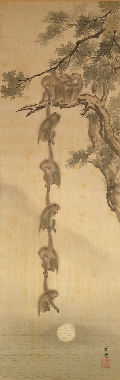 Aber rækker ud efter Månen, Edo-perioden (1603-1867) (blæk på papir) af Japanese School