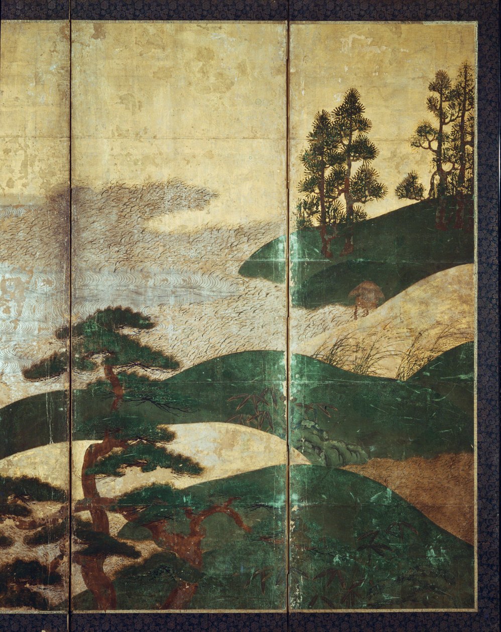 Moonlight Landscape (pen og blæk, farve, guldpapir på panel) (se 216573, 216574) af Japanese School