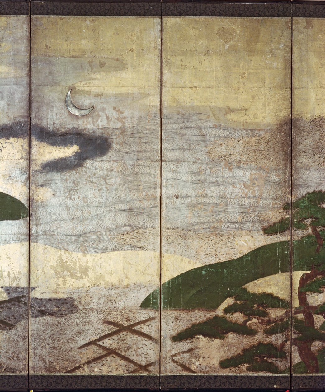 Moonlight Landscape (pen og blæk, farve, guldpapir på panel) (se 216573, 216575) af Japanese School