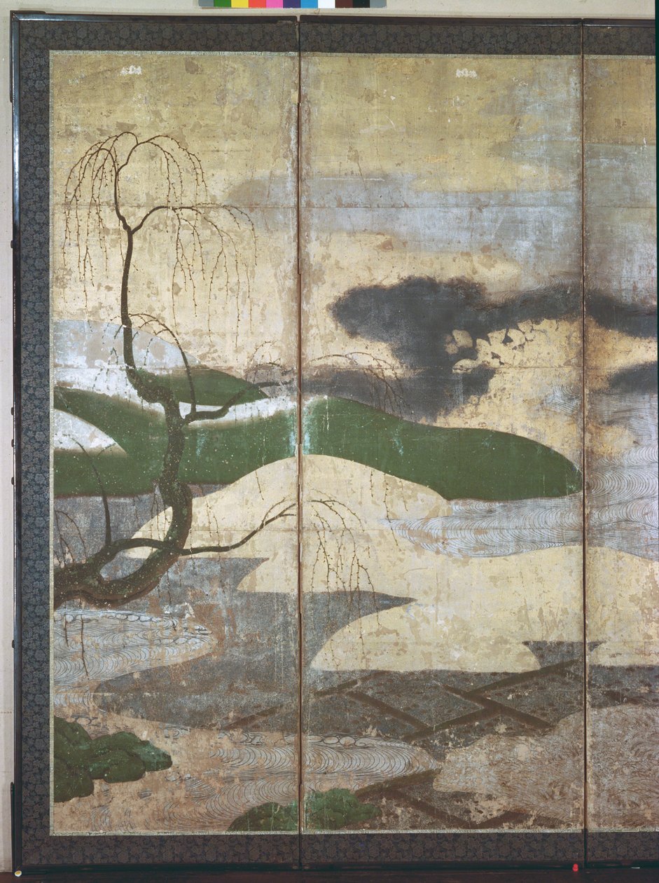 Moonlight Landscape (pen og blæk, farve, guldpapir på panel) (se 216574, 216575) af Japanese School