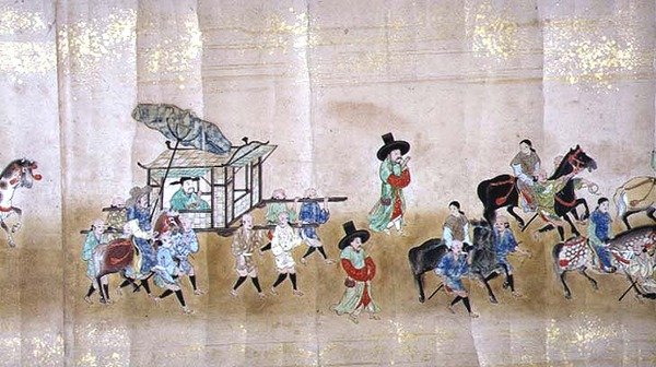 Sjette koreanske ambassade til Japan i Meireki 1 på tidspunktet for Tokugawa Ietsunas arvefølge i 1651, muligvis af Kano Masunobu (1625-94) (rullemaleri) (detaljer) (se også 120834) af Japanese School