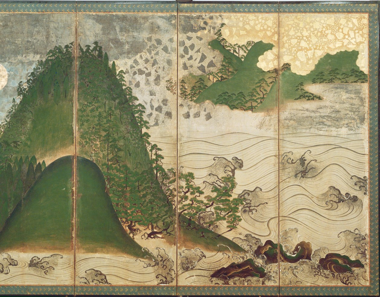 Forårslandskab med sol, del af en foldeskærm med seks paneler (farve på papir) (se 216549) af Japanese School