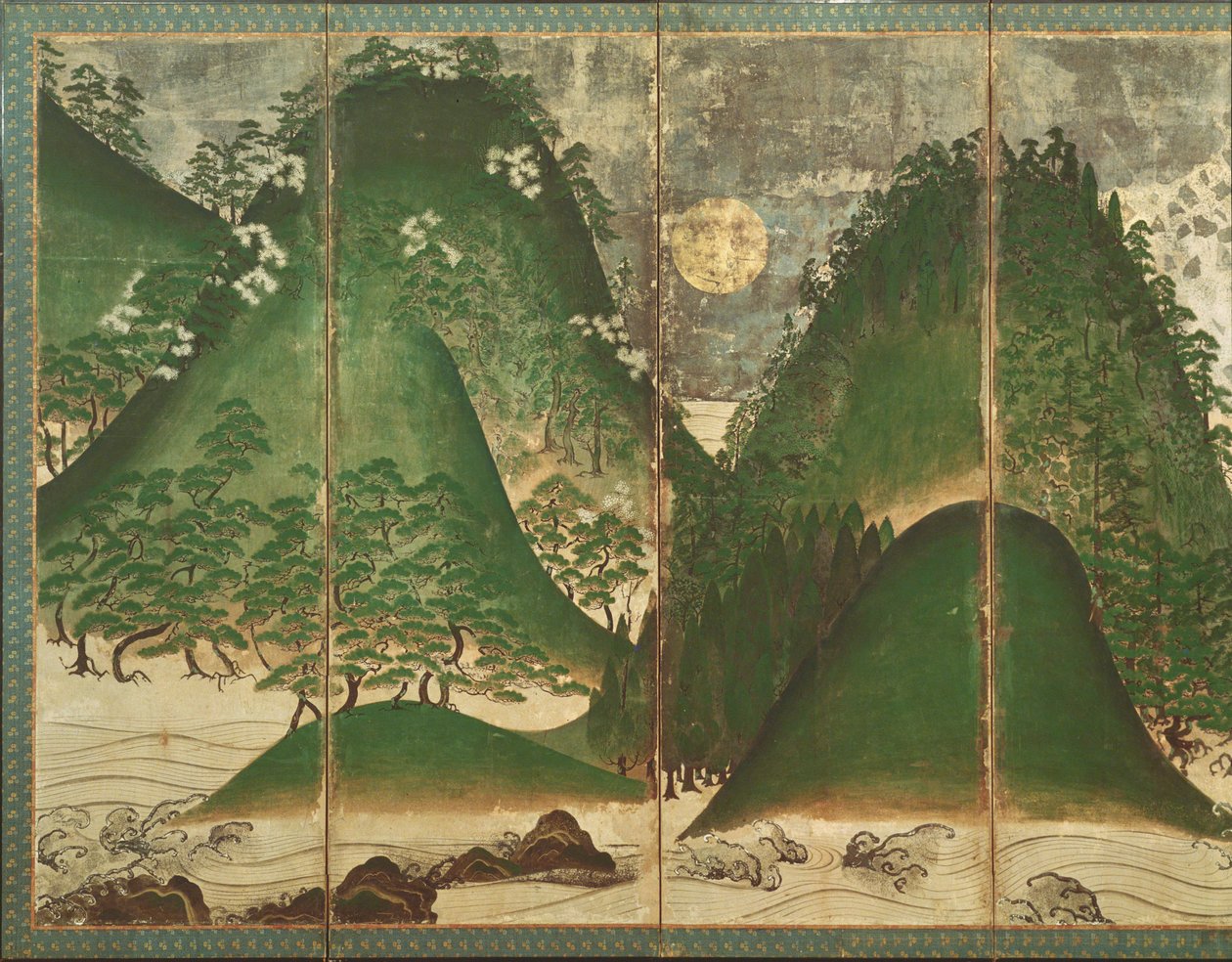 Forårslandskab med sol, del af en foldeskærm med seks paneler (farve på papir) (se 216550) af Japanese School