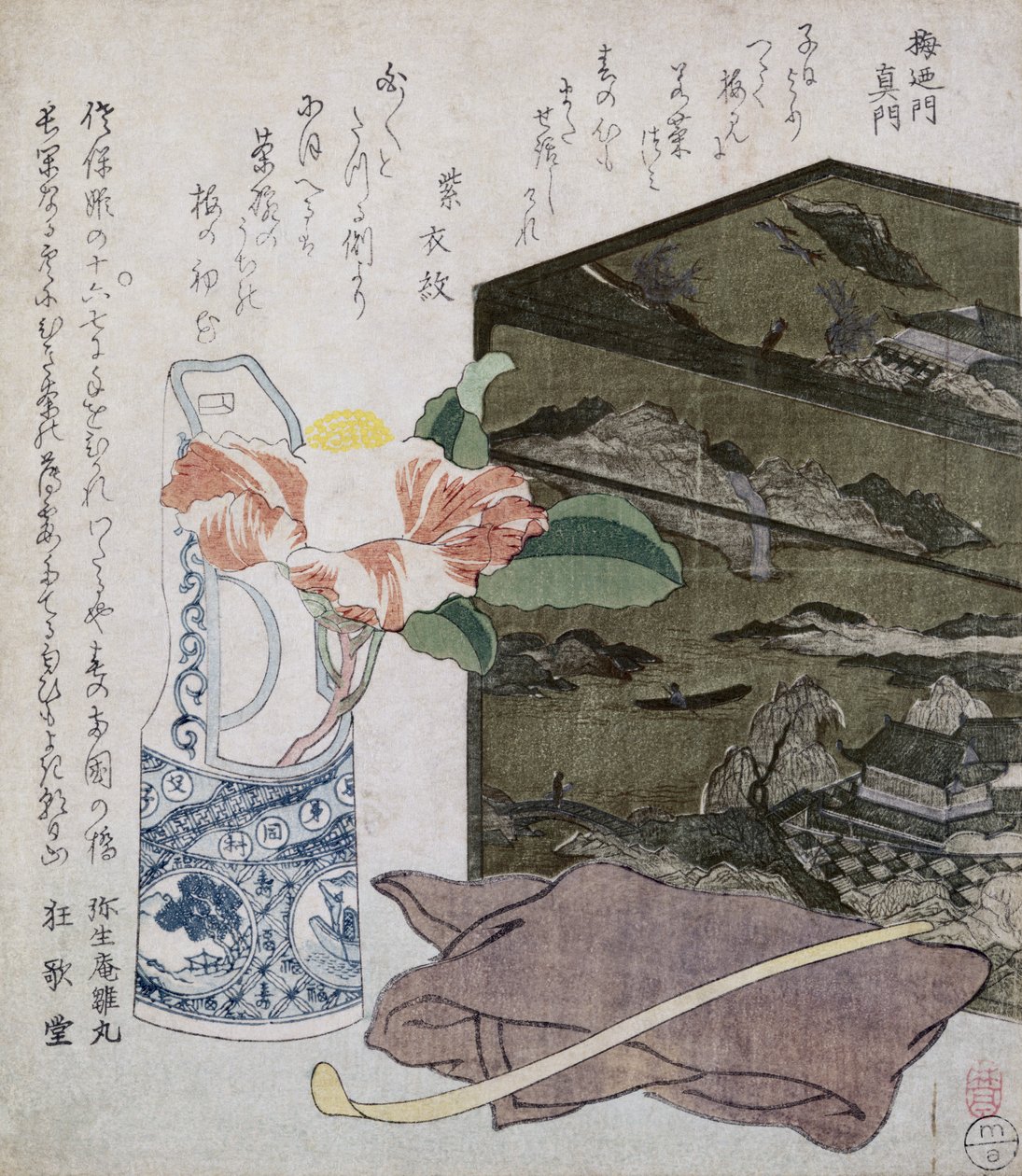 Stilleben med en kamelia, ca. 1820 (træbloktryk i farver) af Japanese School