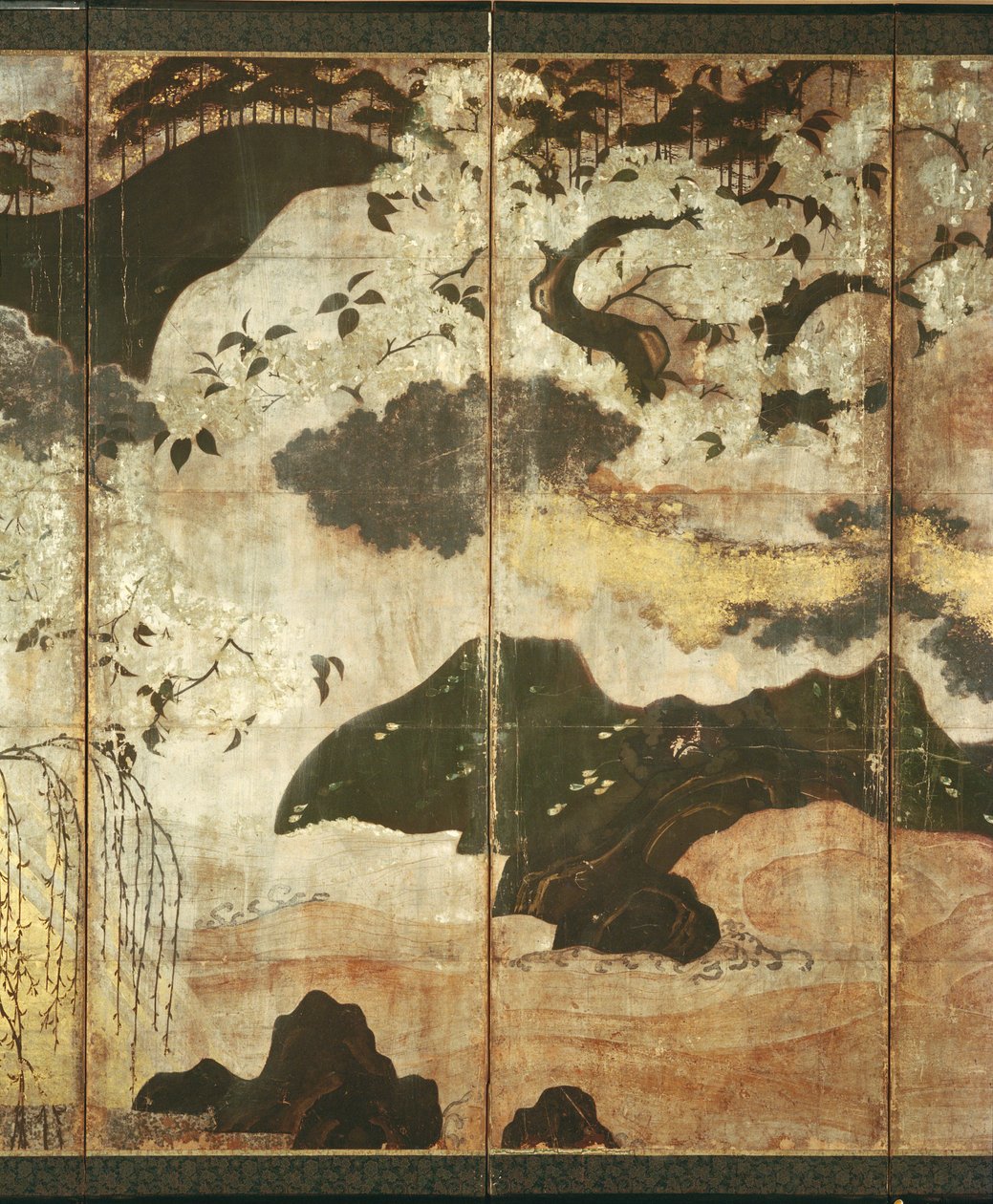 Sunny Landscape (pen og blæk, farve, guldpapir på panel) (se 216576, 216578) af Japanese School