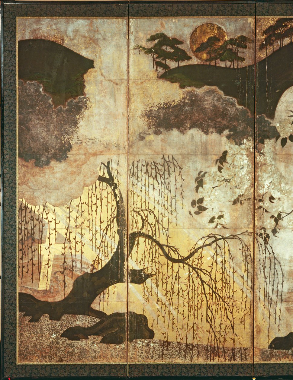 Sunny Landscape (pen og blæk, farve, guldpapir på panel) (se 216577, 216578) af Japanese School