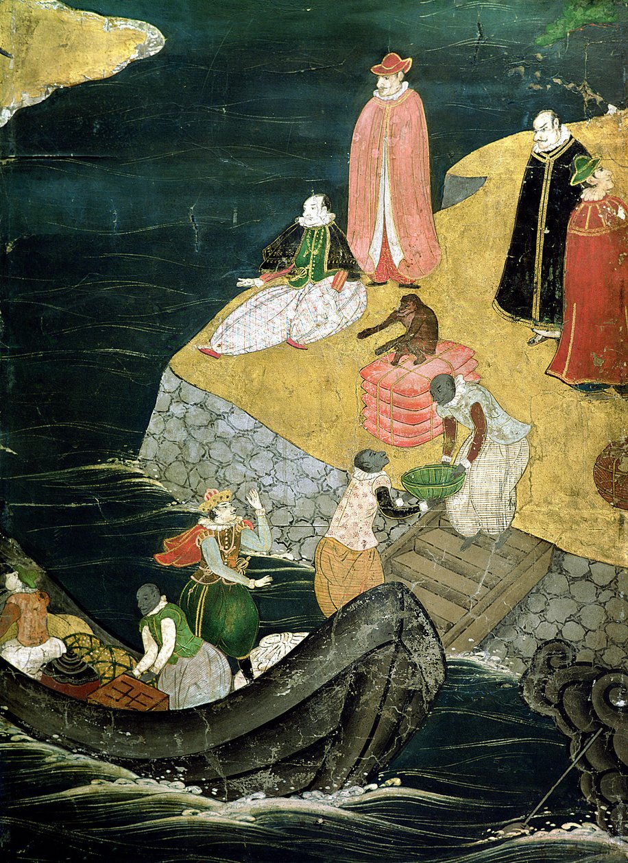 Portugisernes ankomst til Japan, detalje om lastning fra en Namban Byobu-skærm, 1594-1618 af Japanese School