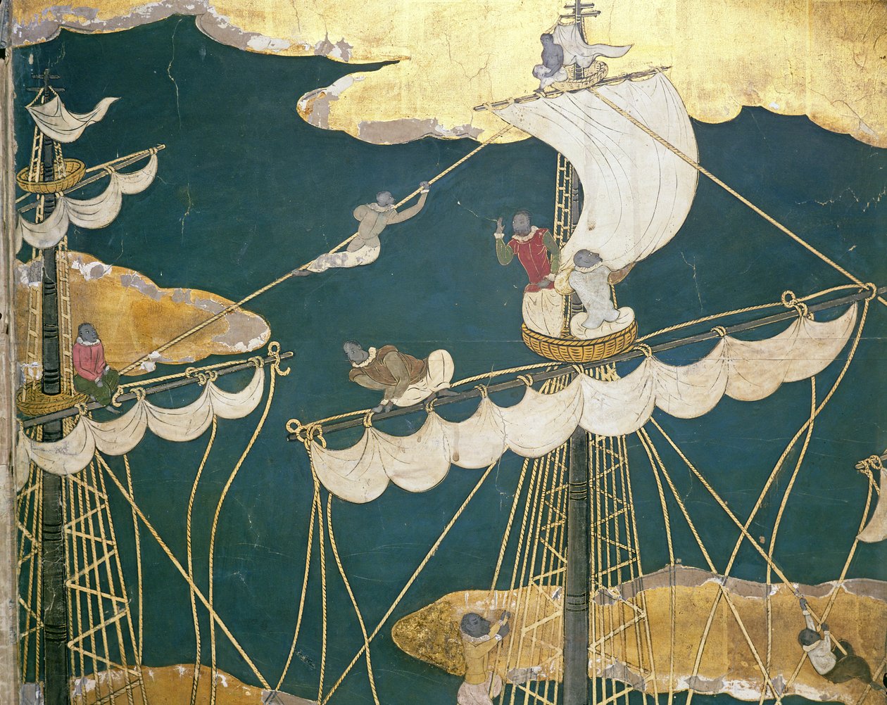 Portugisernes ankomst til Japan, detalje af skibsmast og kragerede, fra en Namban Byobu-skærm, 1594-1618 af Japanese School