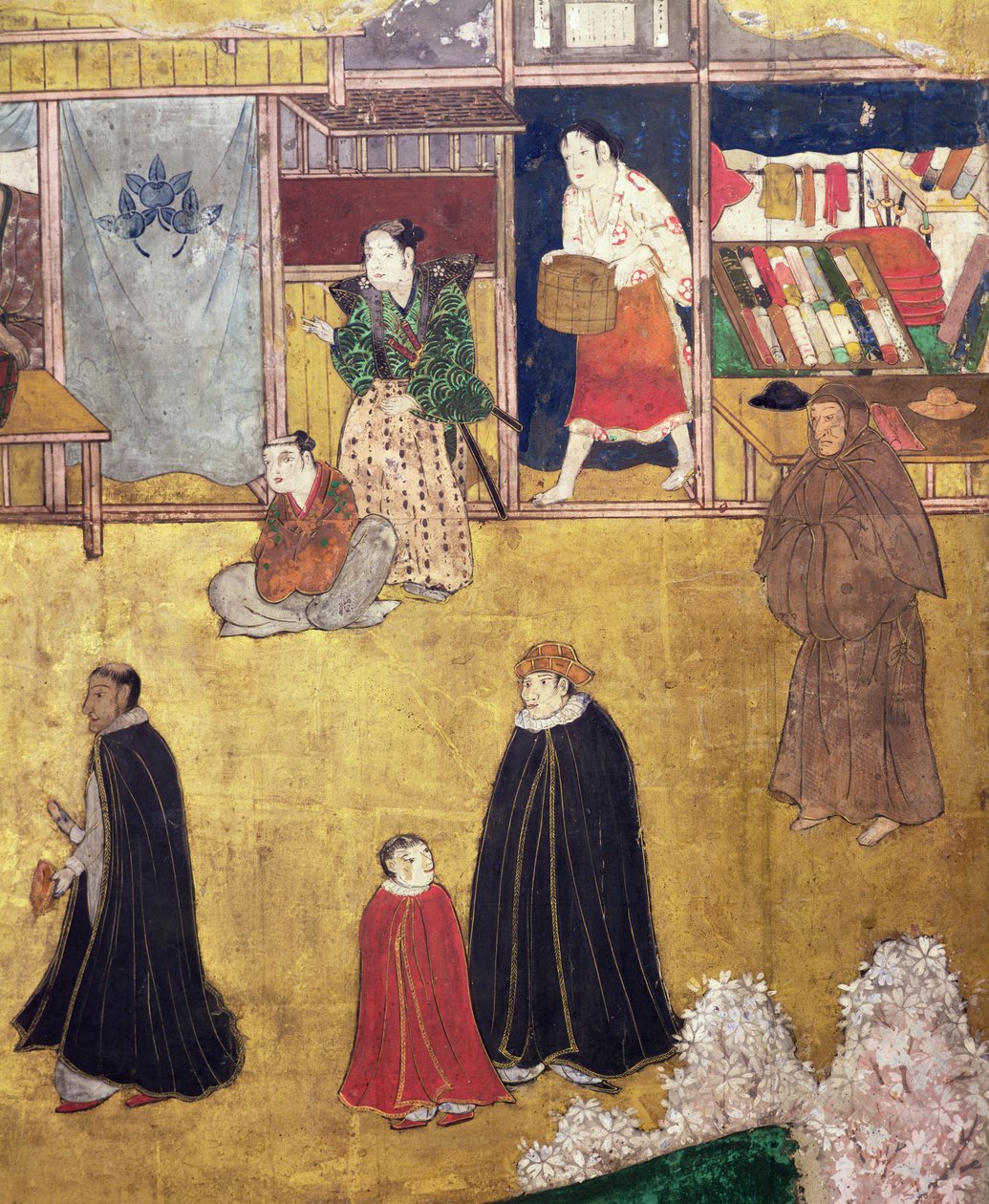 Portugiserne ankom til Japan, detalje af butikker fra en Namban Byobu-skærm, 1594-1618 af Japanese School