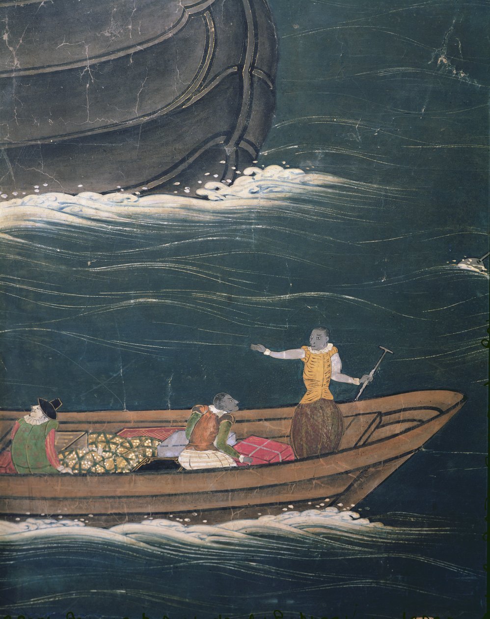 Portugisernes ankomst til Japan, detalje af lille skib med last, fra en Namban Byobu-skærm, 1594-1618 af Japanese School