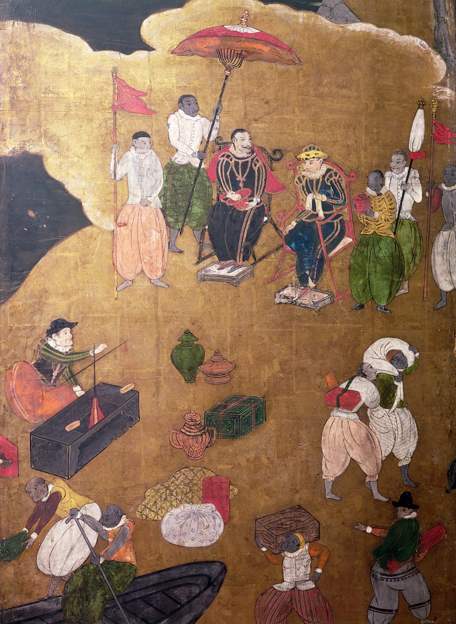 Portugisernes ankomst til Japan, detalje af den portugisiske, der kommanderede landstigningen, fra en Namban Byobu-skærm, 1594-1618 af Japanese School