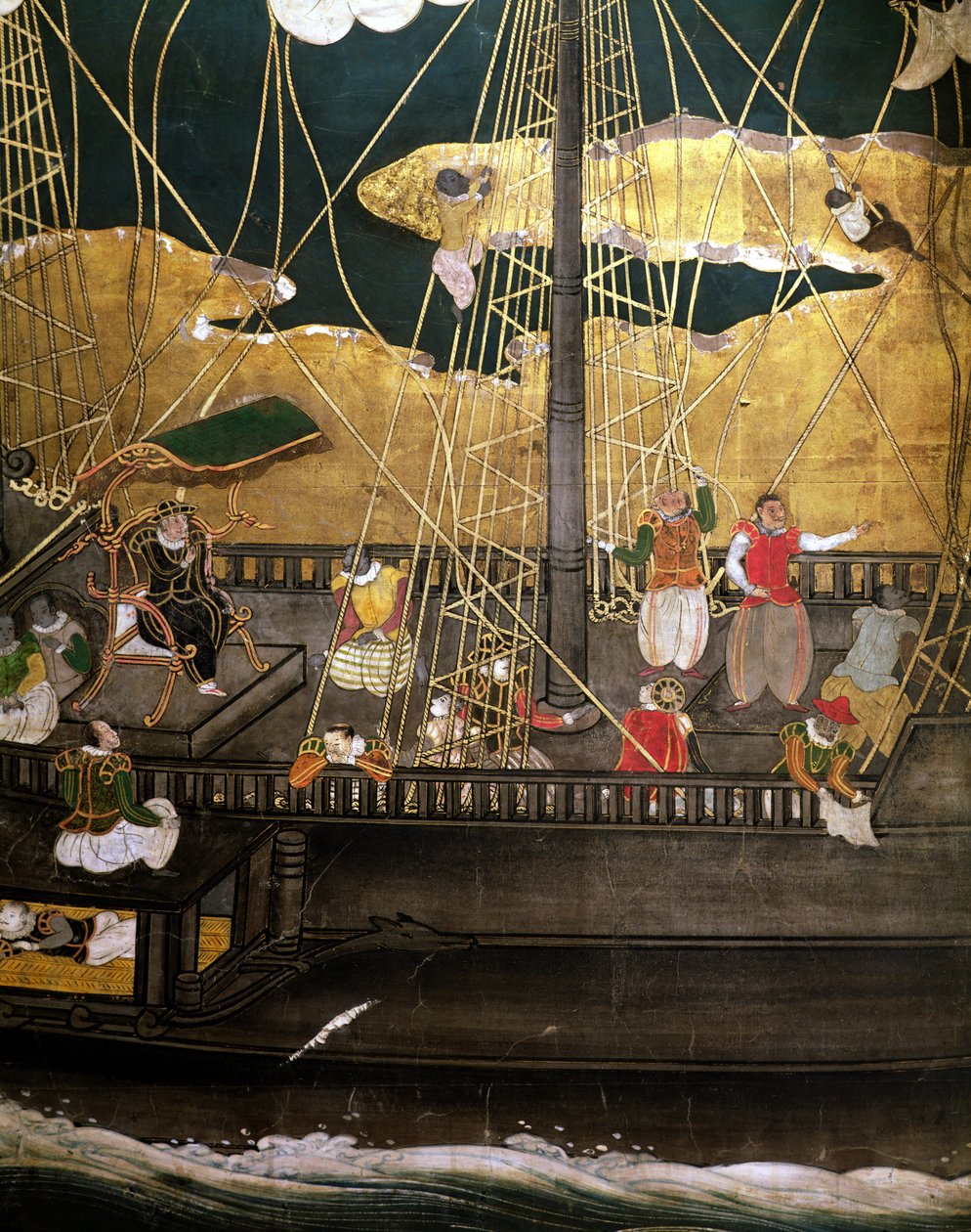 Portugisernes ankomst til Japan, detalje af det portugisiske skib, fra en Namban Byobu-skærm, 1594-1618 af Japanese School