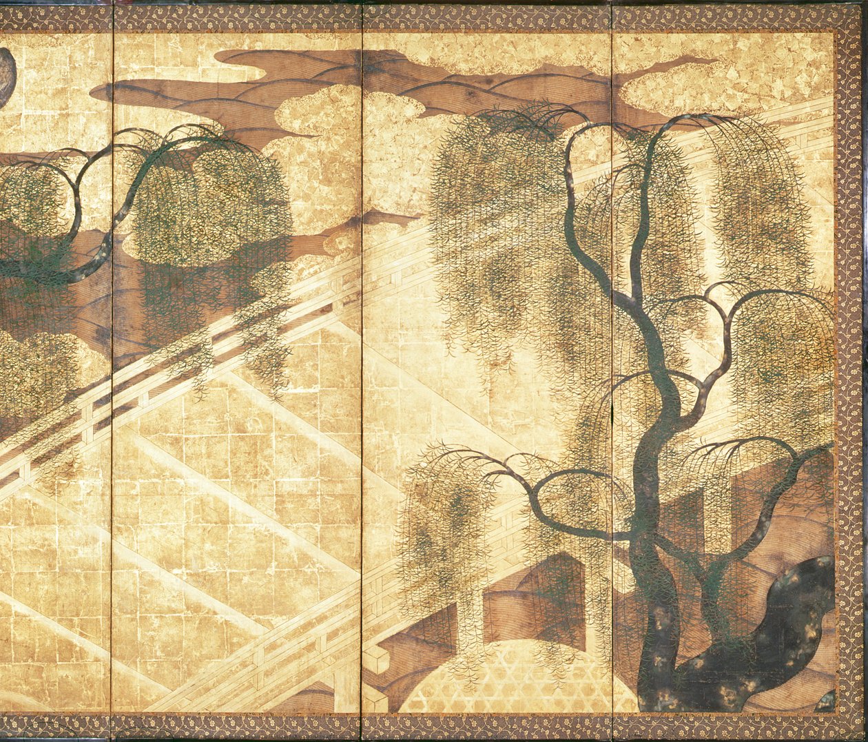 Broen over Liji-floden (pen og blæk, farve og guldpapir på panel) (se 216571) af Japanese School
