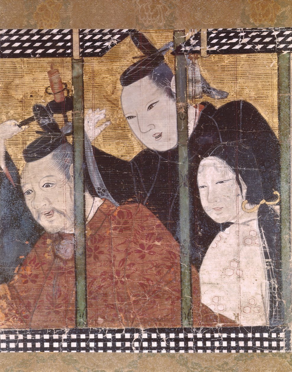 To mænd og en kvinde bag en markise, detalje fra en skærm, 15.-18. århundrede af Japanese School