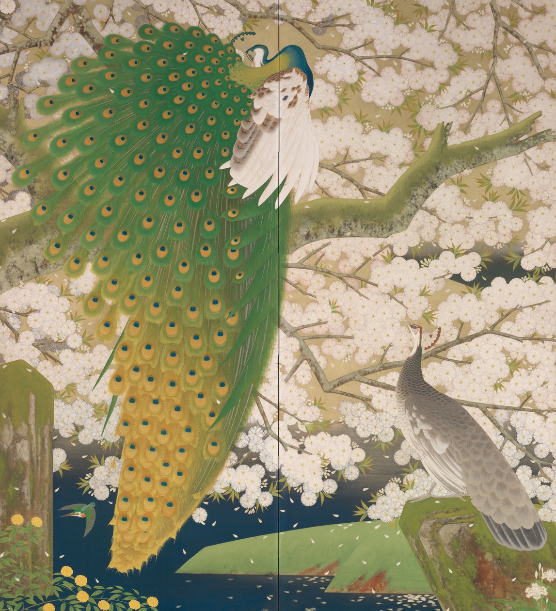 Peacocks and Cherry Tree, ca. 1925 (metal og farve på papir) af Japanese School