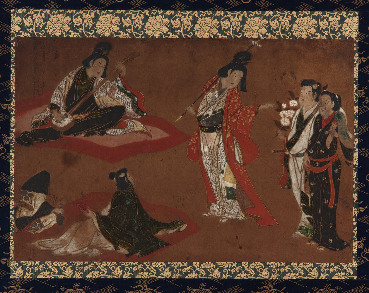 A Picnic Party, hængende rulle (monteret på panel), tidligt 17. århundrede (farve og guld på papir) af Japanese School