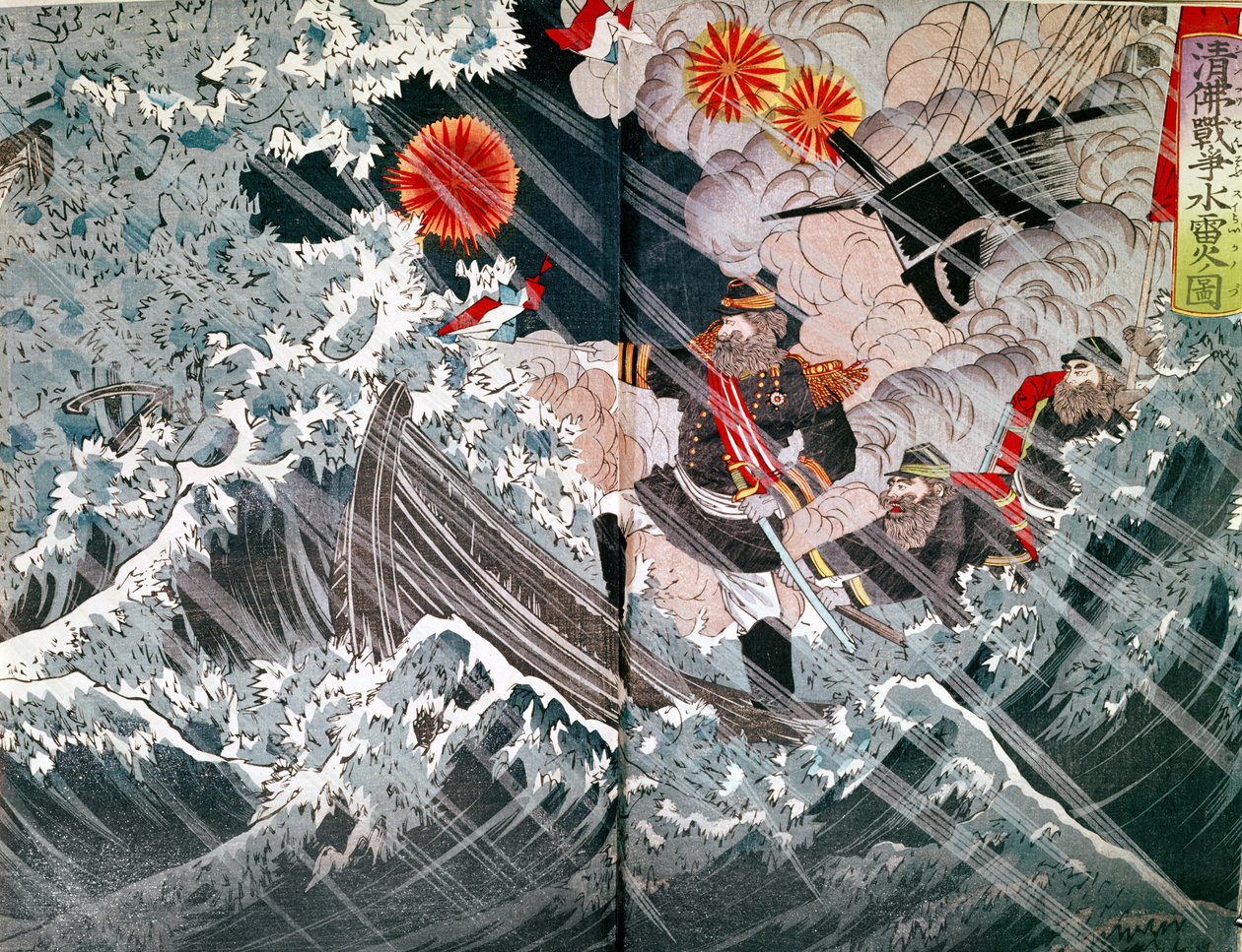 Admiral Amedee Anatole Courbet (1827-85) ved erobringen af Fou-Tcheou i 1884 under Tonkin-krigen 1883-85 (træblok i farver) af Japanese School