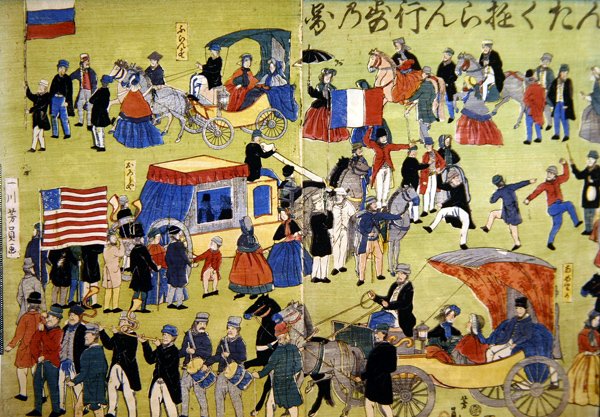 Amerikanske, hollandske og franske besøgende ankommer til Yokohama i Japan, ca. 1860 (farvetræsnit) af Japanese School