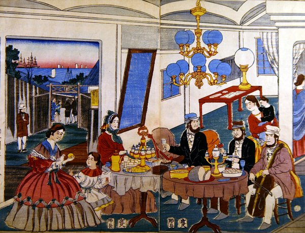 Amerikansk eller europæisk familie i Japan, ca. 1860 (farvetræsnit) af Japanese School