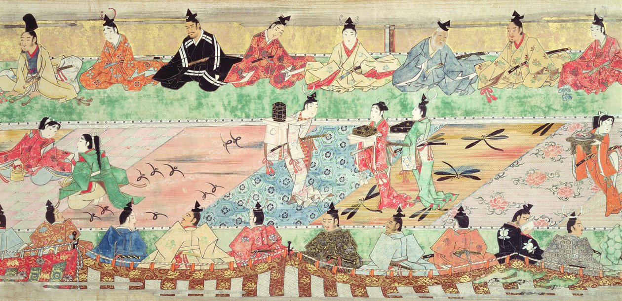 Banketscene fra en malet håndrulle af fortællingen om Muramatsu, tidligt i det 17. århundrede (pen & blæk, wc, gouache, sølv & guld på papir) af Japanese School