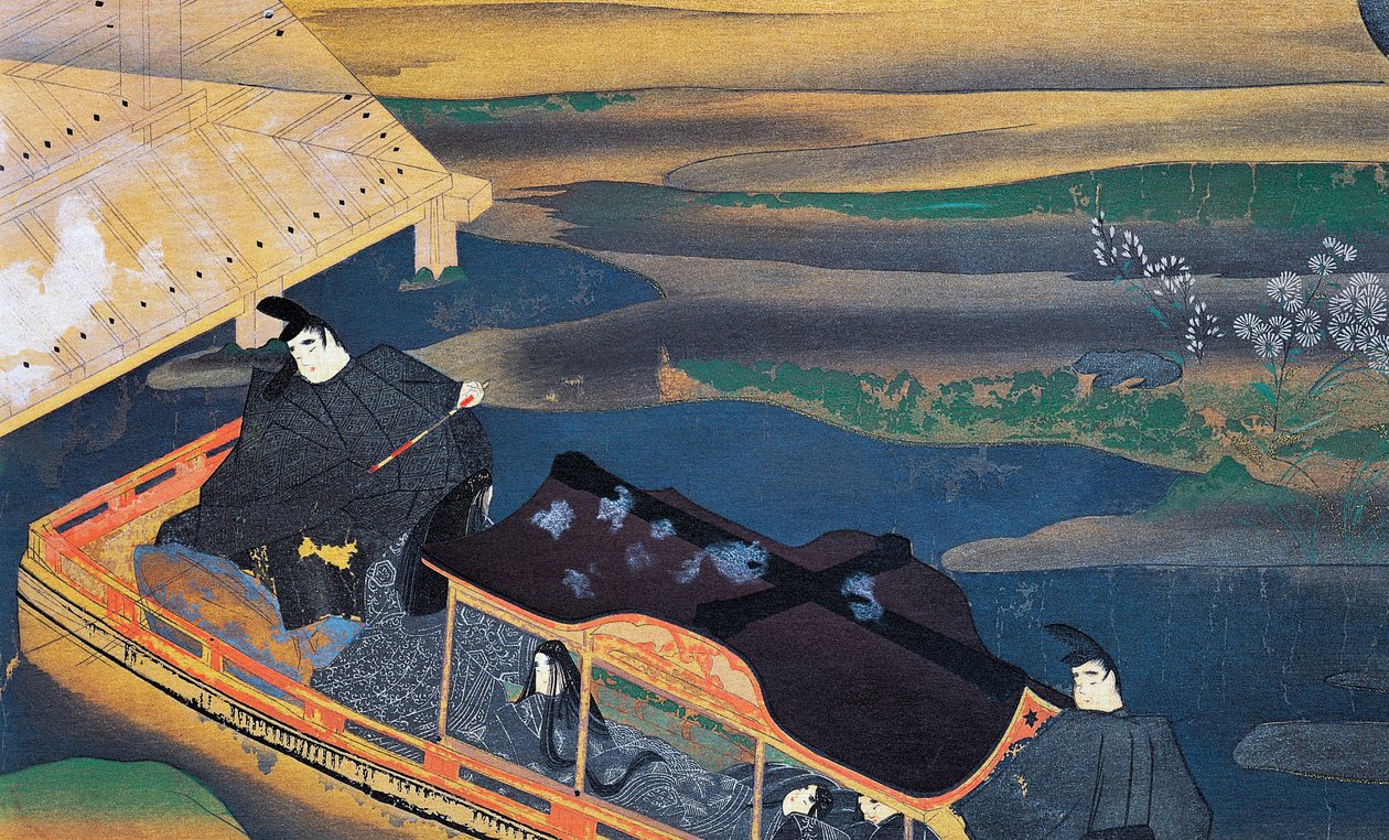 Båd i måneskin, af Fujiwara Nobuzane (1176-1265), illustration fra Murasaki Shikibus dagbog, japansk civilisation af Japanese School